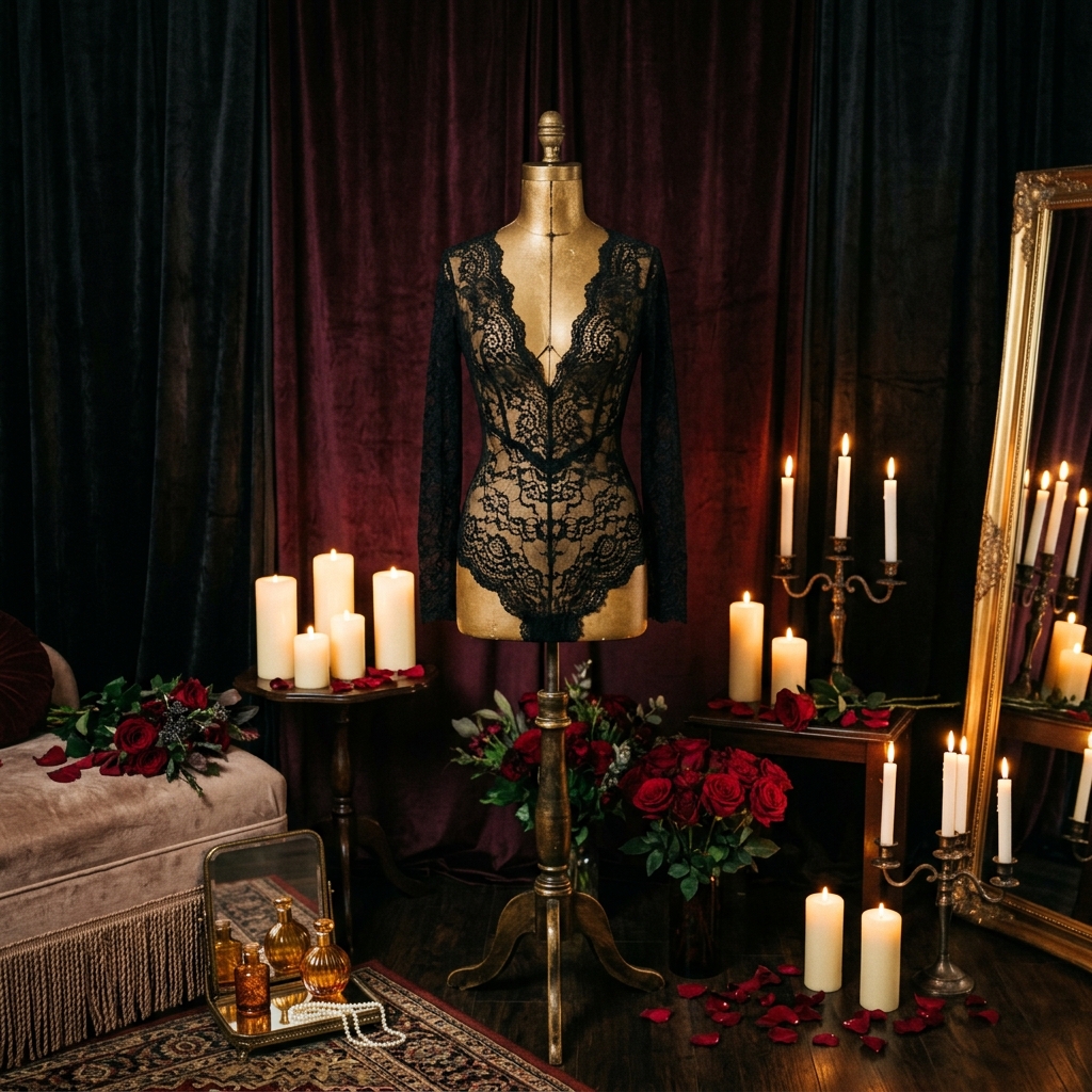 Black Lace Lingerie on Mannequin in sensual boudoir
